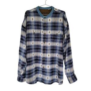 Fryday Club Button Down Shacket Mens Size XXL Blue White Plaid Aztec Cotton Long